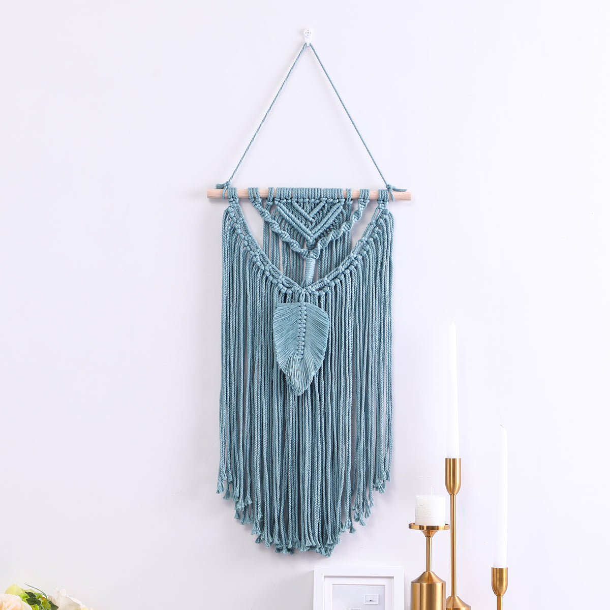 Exquisite Handmade Blue Green Leaf Ornament Cotton Hanging Rugs Tapestry With Tassel Handwoven For Bedroom Living Room Hall Wall Decor Art Tapestries