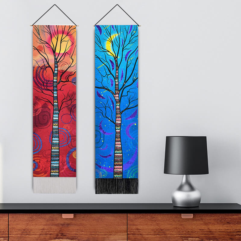 Trees and Sun Pattern Tapestry Wall Hanging with Tassels, Cotton Tapestries Wall Art for Bedroom