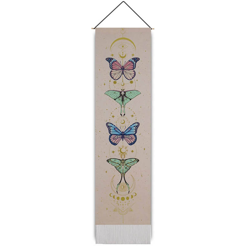 Butterflies Pattern Beige Tapestry Wall Hanging with Tassels, Cotton Tapestries Wall Art for Bedroom