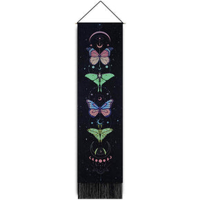 Butterflies Pattern Black Tapestry Wall Hanging with Tassels, Cotton Tapestries Wall Art for Bedroom
