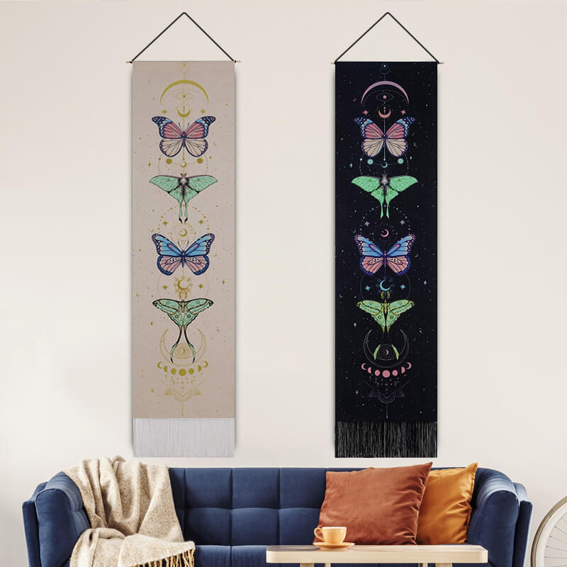 Butterflies Pattern Beige Tapestry Wall Hanging with Tassels, Cotton Tapestries Wall Art for Bedroom