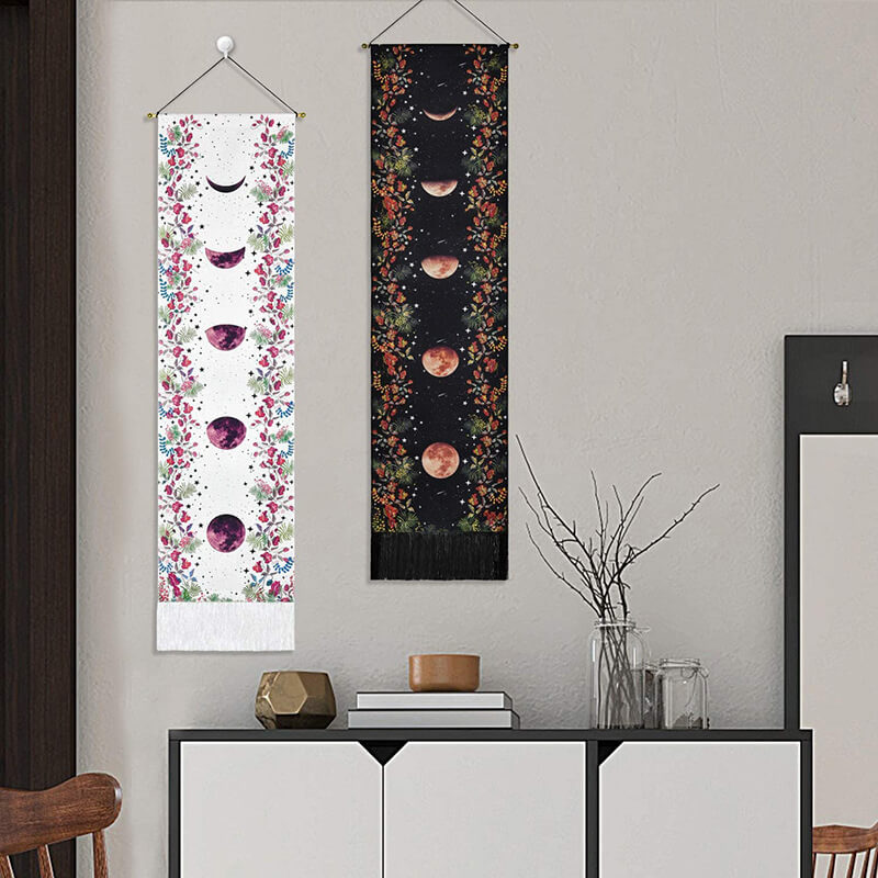 Floral Vines Forest Black Tapestry Wall Hanging with Tassels, Cotton Tapestries Wall Art for Bedroom