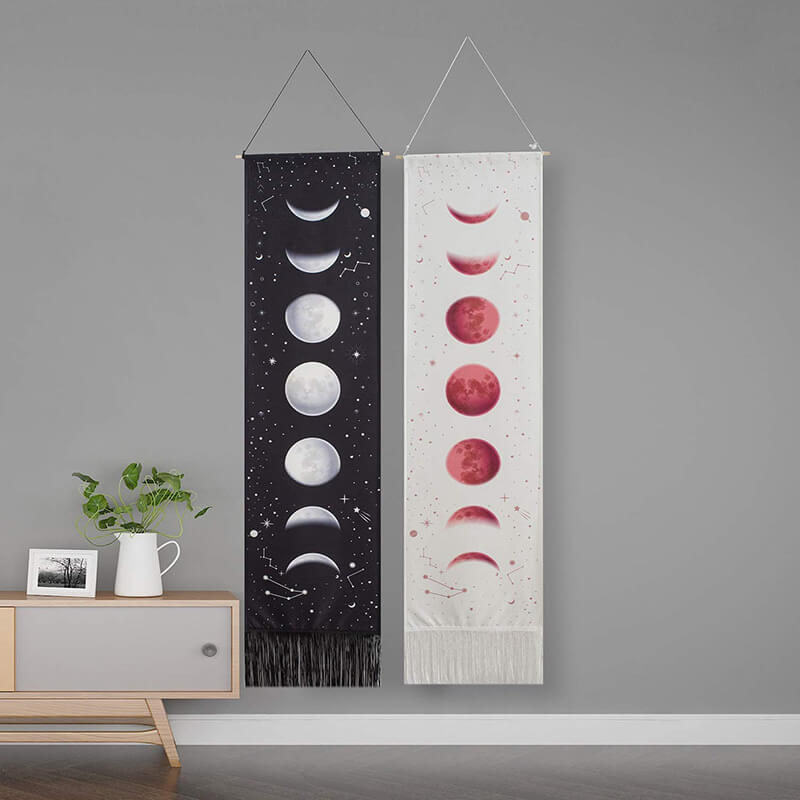 Full Growth Cycle of Moon Nine Pattern Phases, Wall Hanging with Tassels, Cotton Tapestries Wall Art for Bedroom
