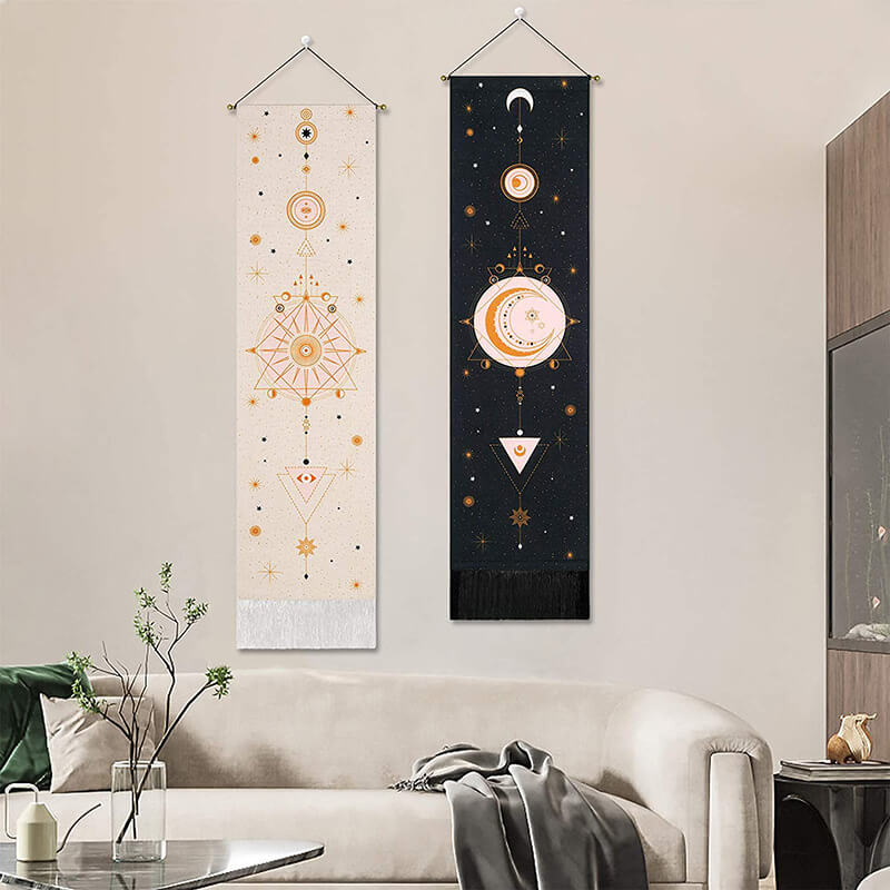 Sun and Moon Tapestry with Tassels, Psychedelic Golden Star Space Long Tapestry Wall Hangings, Cotton Wall Art Home Decoration for Bedroom Living Room