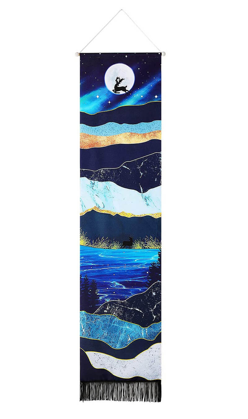 Blue Mountains Nature Landscape Luxury Tapestry Wall Hanging with Tassels, Cotton Tapestries Wall Art for Bedroom