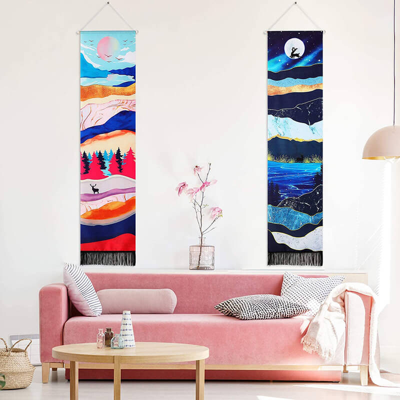 Blue Mountains Nature Landscape Luxury Tapestry Wall Hanging with Tassels, Cotton Tapestries Wall Art for Bedroom