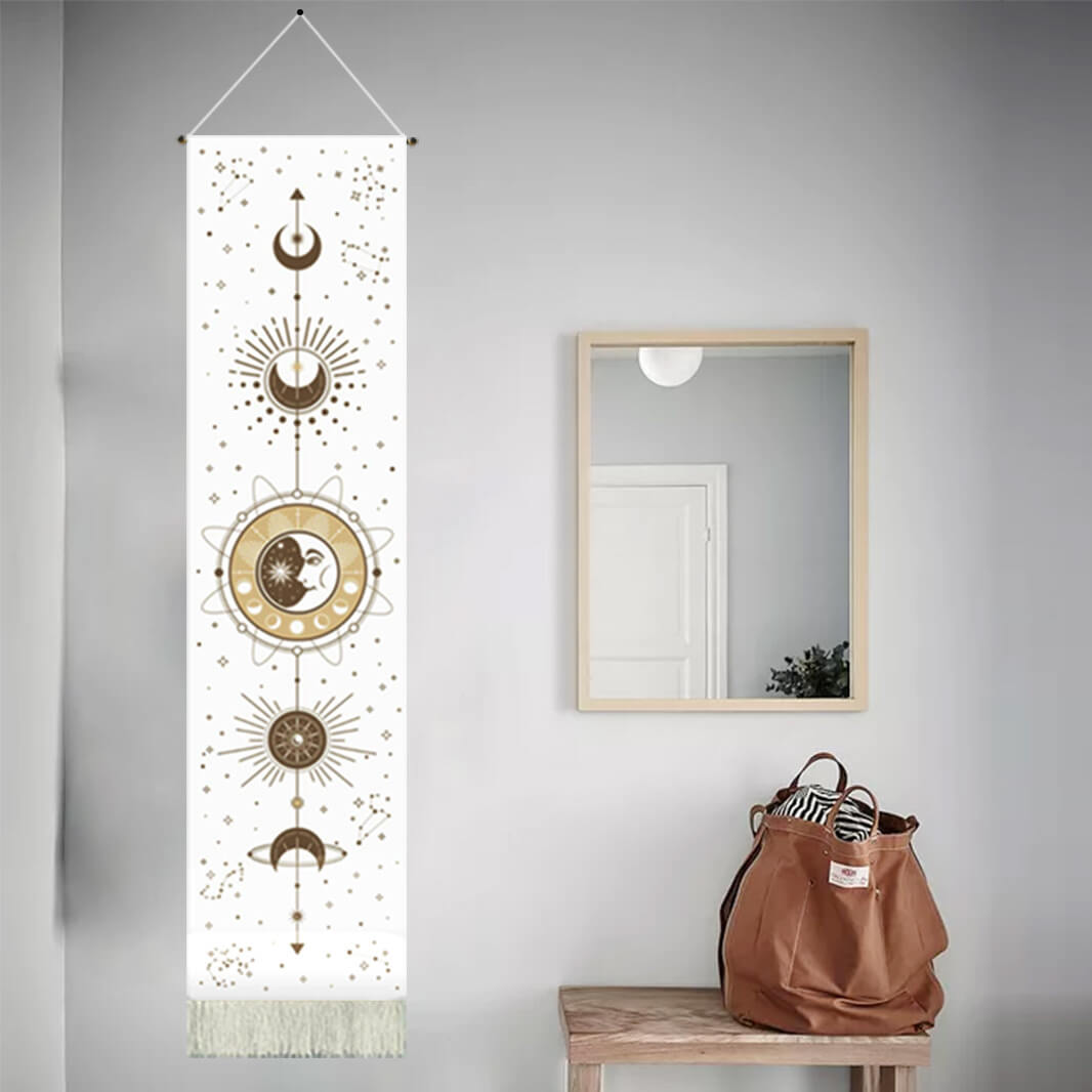 White Sun Pattern Wall Hanging Tapestry with Tassels, Cotton Tapestries Wall Art for Bedroom