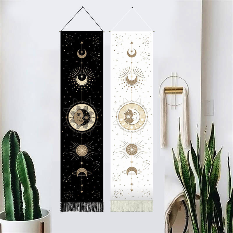 Black Sun Phase Pattern, Wall Hanging with Tassels, Cotton Tapestries Wall Art for Bedroom