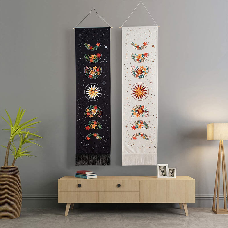 Flower Moon Phase White Tapestry, Four Seasons Flowers Garden Tapestry Wall Hanging with Tassels, Cotton Long Tapestry Wall Art for Bedroom Living Room