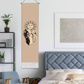 Sun and Girl Pattern Beige Wall Hanging Tapestry with Tassels, Cotton Tapestries Wall Art for Bedroom