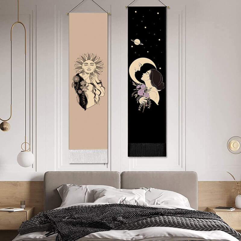 Sun and Girl Pattern Beige Wall Hanging Tapestry with Tassels, Cotton Tapestries Wall Art for Bedroom