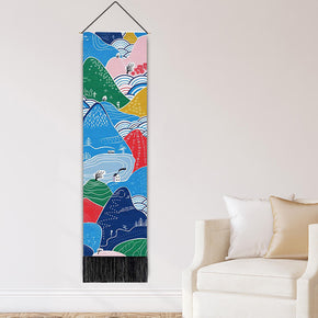 Colorful Mountains and Waves Pattern Wall Hanging Tapestry with Tassels, Cotton Tapestries Wall Art for Bedroom