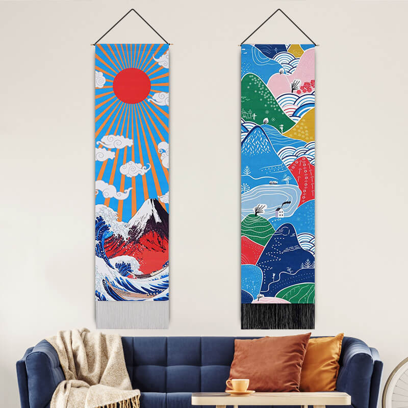 Sun and Waves Pattern Wall Hanging Tapestry with Tassels, Cotton Tapestries Wall Art for Bedroom