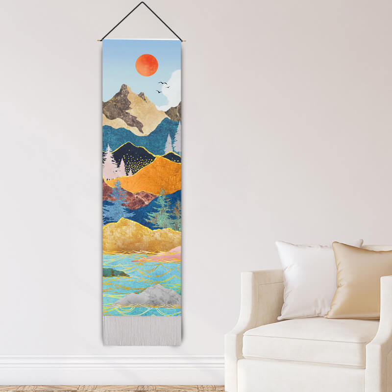 Multi-color Mountains and Sunset Pattern Wall Hanging Tapestry with Tassels, Cotton Tapestries Wall Art for Bedroom