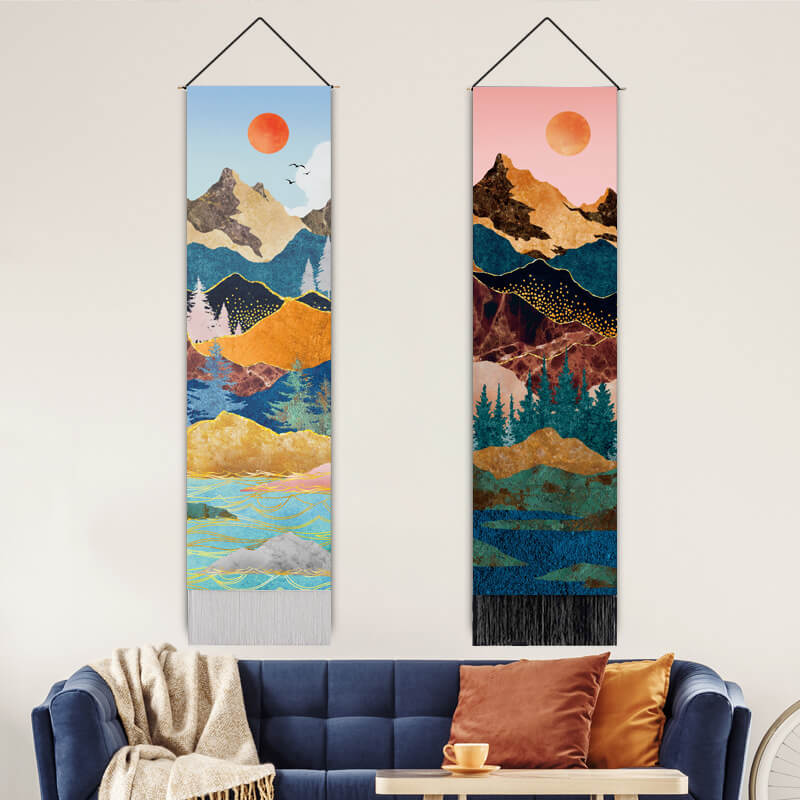 Charming Multi-color Mountains and Sunset Pattern Wall Hanging Tapestry with Tassels, Cotton Tapestries Wall Art for Bedroom
