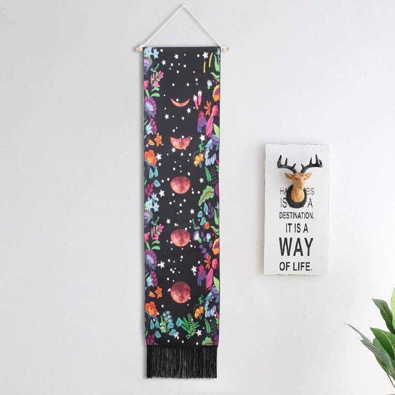 Floral Vines Forest and Moon Pattern Wall Hanging with Tassels, Cotton Tapestries Wall Art for Bedroom