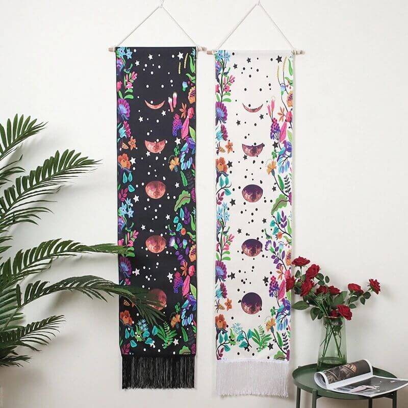 Floral Vines Forest and Moon Pattern White Wall Hanging with Tassels, Cotton Tapestries Wall Art for Bedroom
