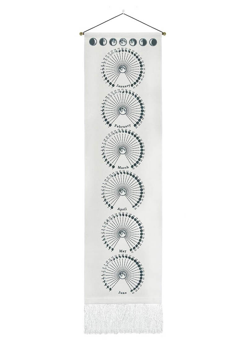 Gradient Moon Phase Pattern White Wall Hanging with Tassels, Cotton Tapestries Wall Art for Bedroom