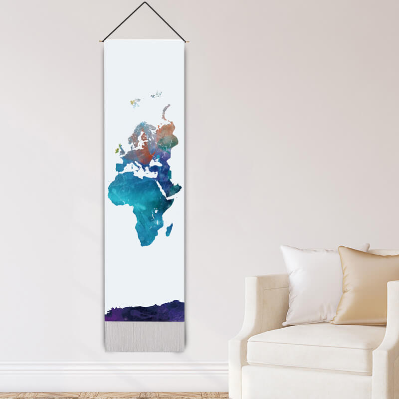 World Map Pattern Wall Hanging Tapestry with Tassels, Cotton Tapestries Wall Art for Bedroom