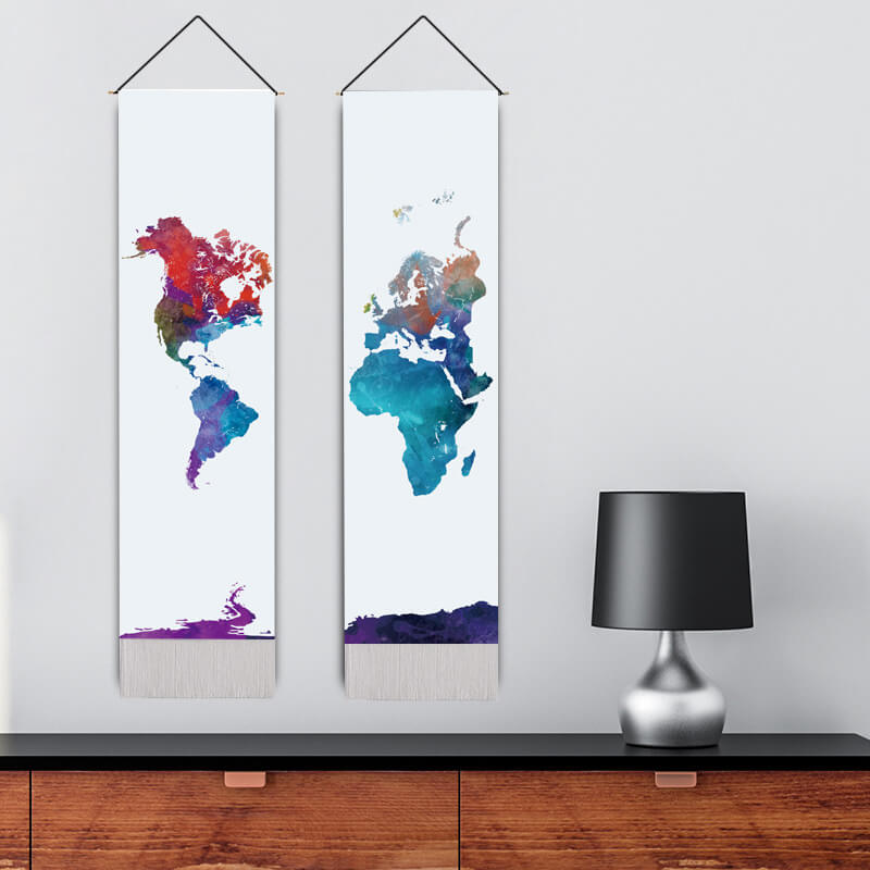 World Map Pattern Wall Hanging Tapestry with Tassels, Cotton Tapestries Wall Art for Bedroom
