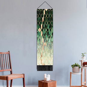 Gradient Green Rhombus Geometry Pattern Wall Hanging Tapestry with Tassels, Cotton Tapestries Wall Art for Bedroom