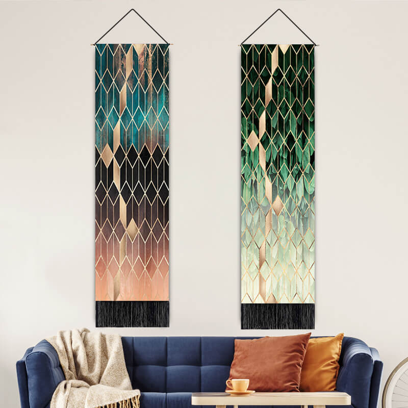 Gradient Green Rhombus Geometry Pattern Wall Hanging Tapestry with Tassels, Cotton Tapestries Wall Art for Bedroom