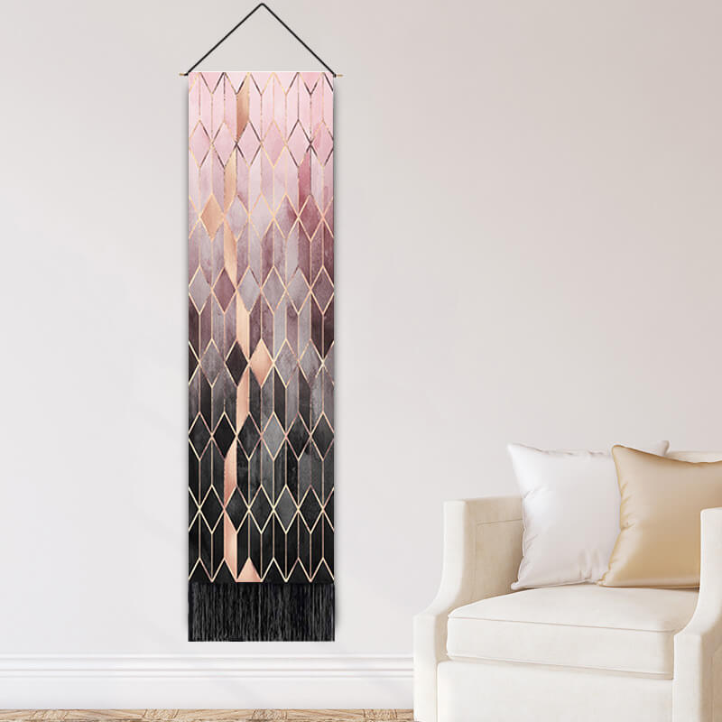 Black and Pink Gradient Rhombus Geometry Pattern Wall Hanging Tapestry with Tassels, Cotton Tapestries Wall Art for Bedroom
