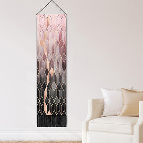 Black and Pink Gradient Rhombus Geometry Pattern Wall Hanging Tapestry with Tassels, Cotton Tapestries Wall Art for Bedroom