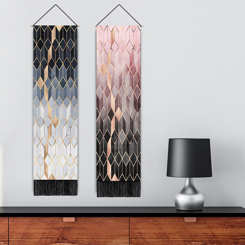 Black and White Gradient Rhombus Geometry Pattern Wall Hanging Tapestry with Tassels, Cotton Tapestries Wall Art for Bedroom