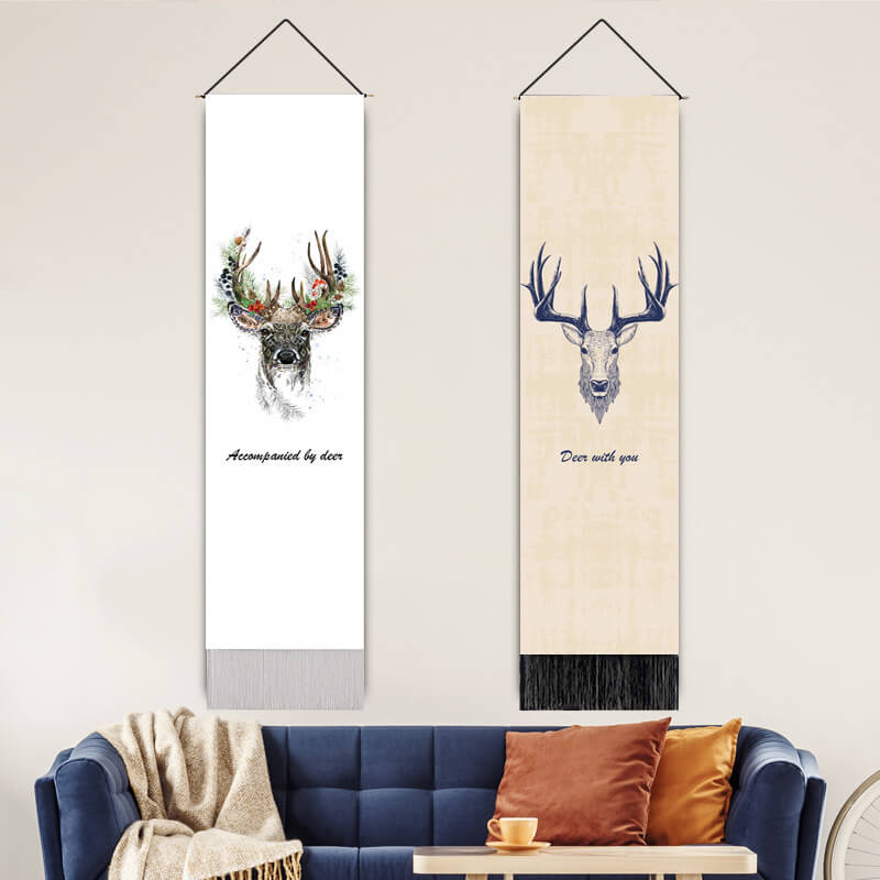 Elk Pattern White Wall Hanging Tapestry with Tassels, Cotton Tapestries Wall Art for Bedroom