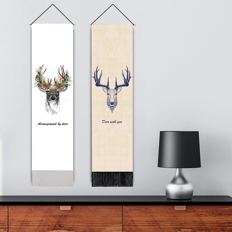 Elk Pattern Beige Wall Hanging Tapestry with Tassels, Cotton Tapestries Wall Art for Bedroom