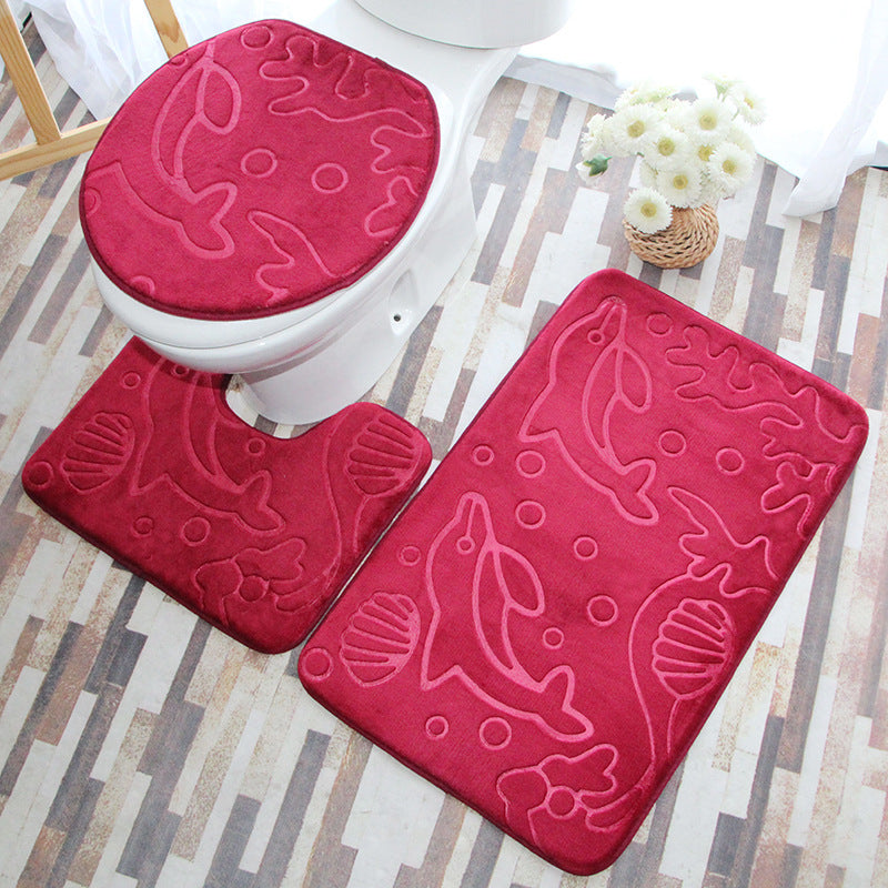 Red Modern Dolphin Coral Fleece Rugs Three-piece Bathroom Toilet Carpet Anti-Slip Mats