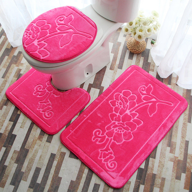 Red Modern Floral Coral Fleece Rugs Three-piece Bathroom Toilet Carpet Anti-Slip Mats