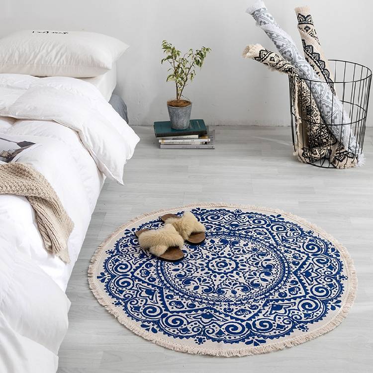 Round Cotton Area Rug with Tassel Hand Woven Machine Washable Floor Carpet Rug for Living Room Bedroom 90cm 01-03