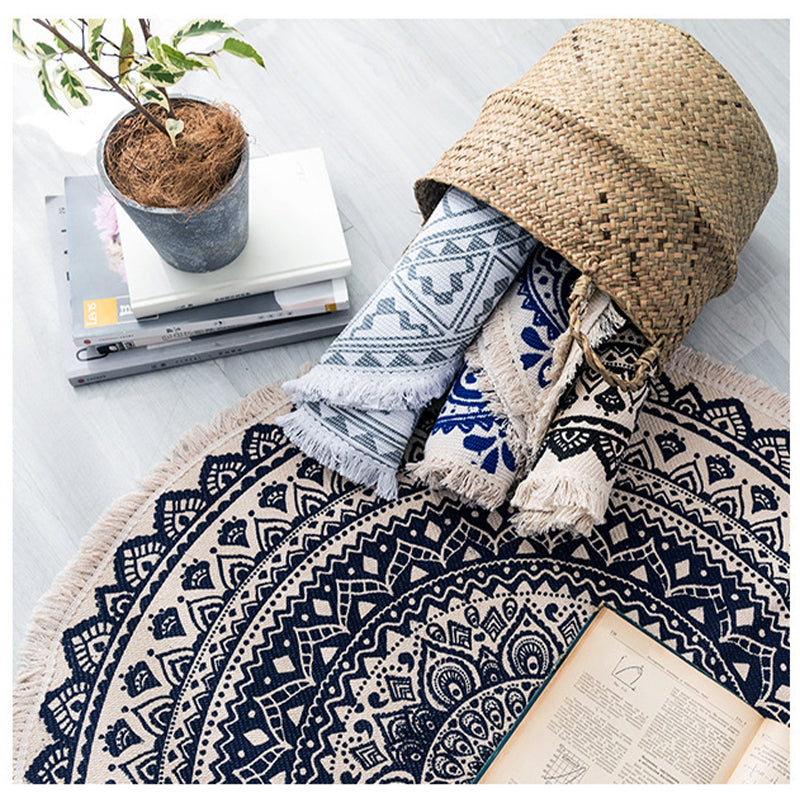 Round Cotton Area Rug with Tassel Hand Woven Machine Washable Floor Carpet Rug for Living Room Bedroom 90cm 02