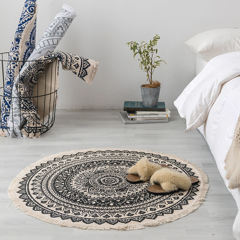 Round Cotton Area Rug with Tassel Hand Woven Machine Washable Floor Carpet Rug for Living Room Bedroom 90cm 01-03