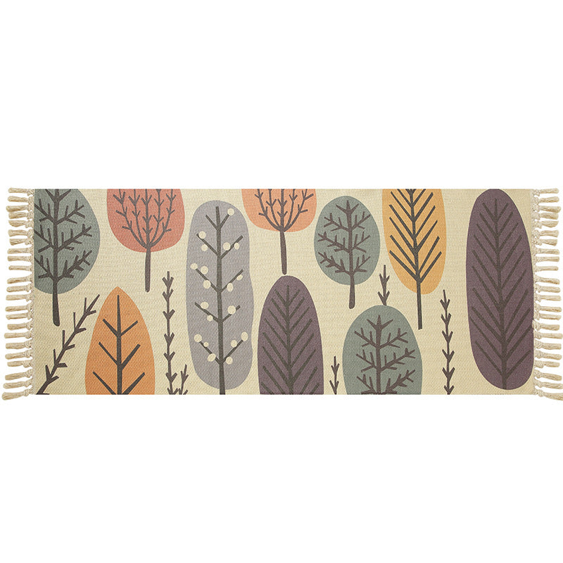 Decorative Leaf Cotton Area Rug Hand Woven Rug Entryway Bedside Runner Thin Floor Mat Carpet with Tassel