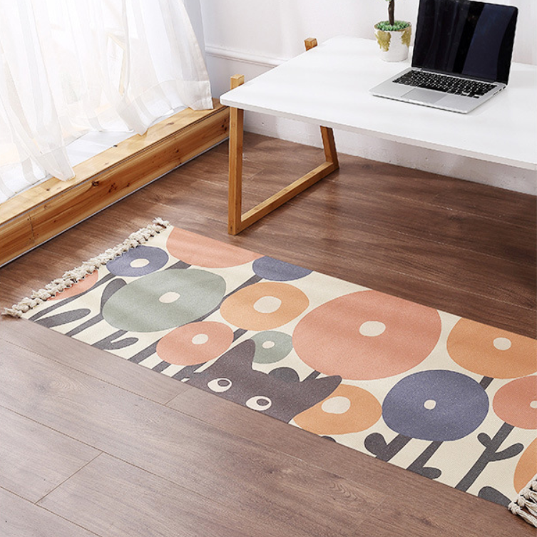 Decorative Cute Cartoon Cotton Area Rug Hand Woven Rug Entryway Bedside Runner Thin Floor Mat Carpet with Tassel