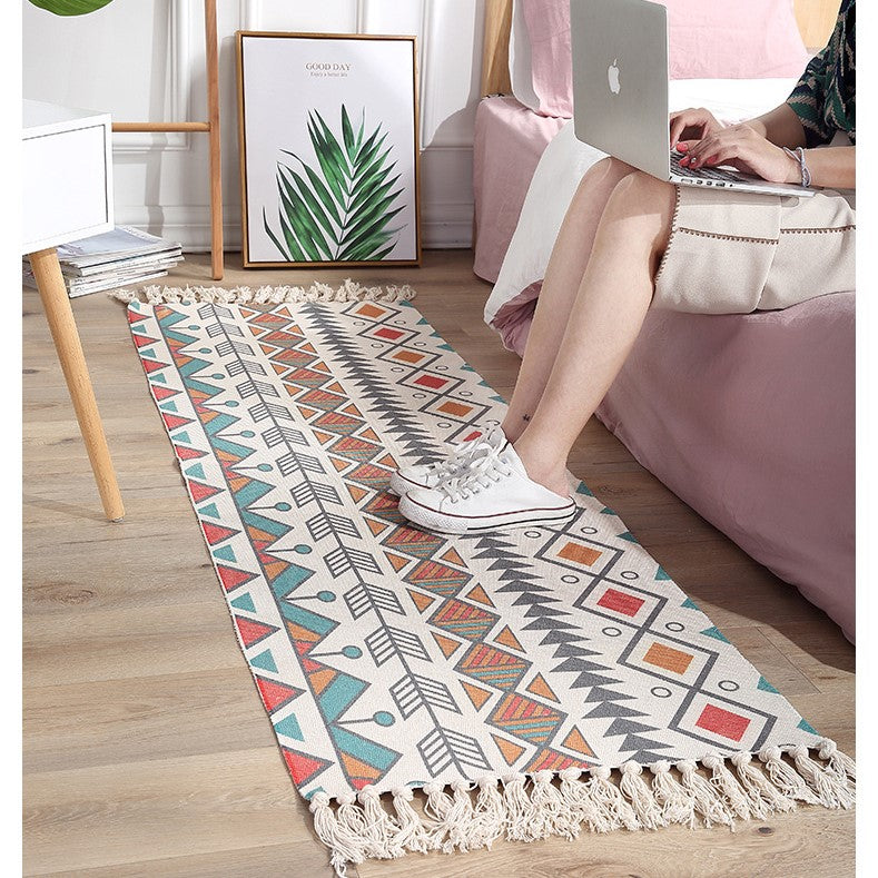 Colourful Geometric Cotton Area Rug with Tassel Hand Woven Floor Carpet Rug for Living Room Bedroom 01-06