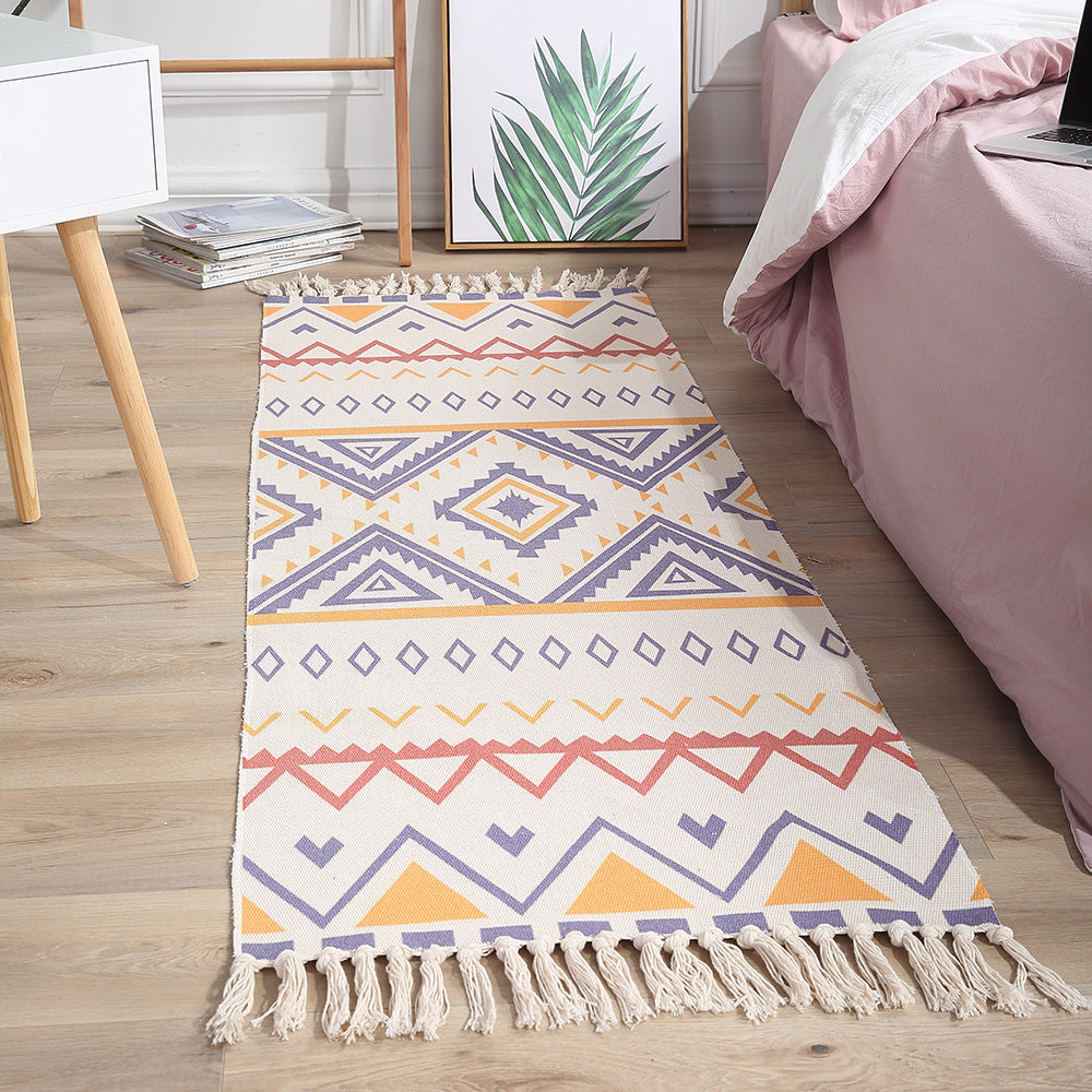 Colourful Geometric Cotton Area Rug with Tassel Hand Woven Floor Carpet Rug for Living Room Bedroom 01-06