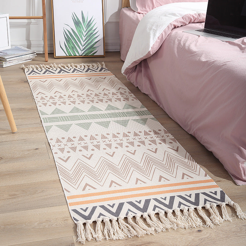 Colourful Geometric Cotton Area Rug with Tassel Hand Woven Floor Carpet Rug for Living Room Bedroom 01-06