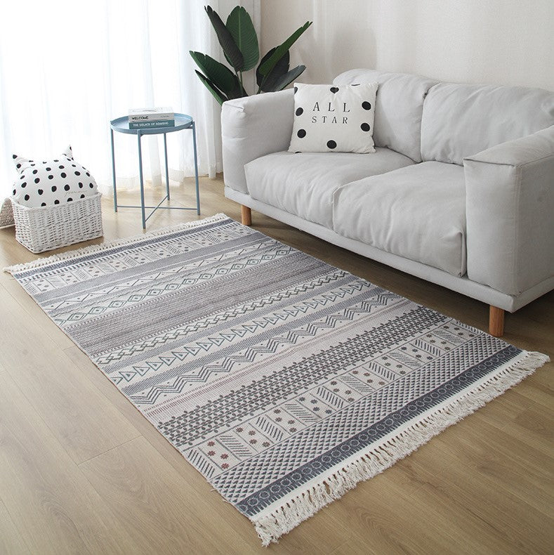 Moroccan Geometric Cotton Area Rug with Tassel Hand Woven Floor Carpet Rug for Living Room Bedroom