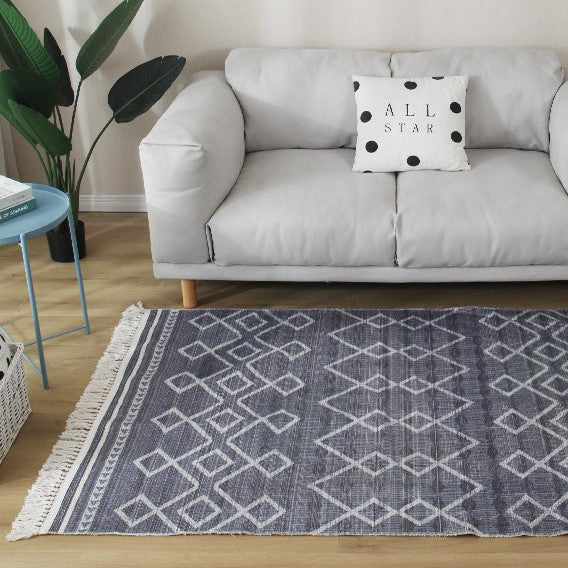 Grey Geometric Cotton Area Rug with Tassel Hand Woven Floor Carpet Rug for Living Room Bedroom