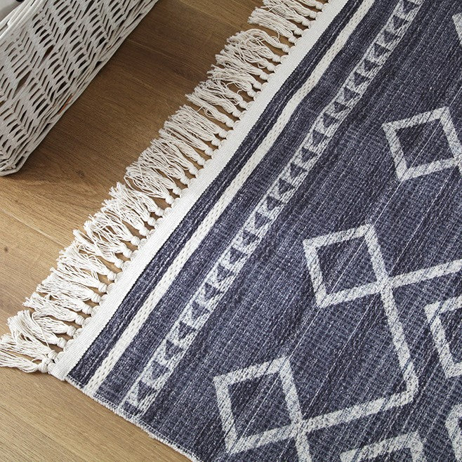 Grey Geometric Cotton Area Rug with Tassel Hand Woven Floor Carpet Rug for Living Room Bedroom