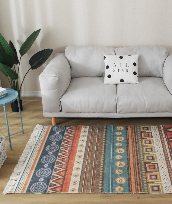 Colourful Geometric Cotton Area Rug with Tassel Hand Woven Floor Carpet Rug for Living Room Bedroom