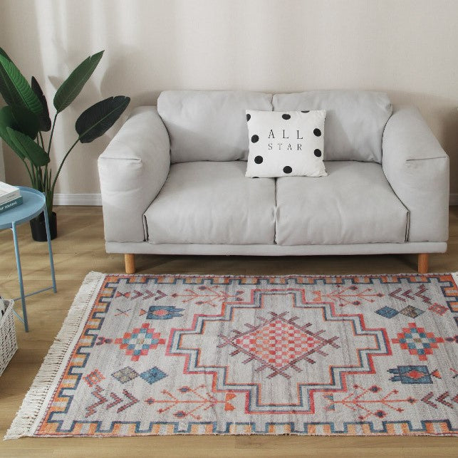Colourful Geometric Patterned Cotton Area Rug with Tassel Hand Woven Floor Carpet Rug for Living Room Bedroom