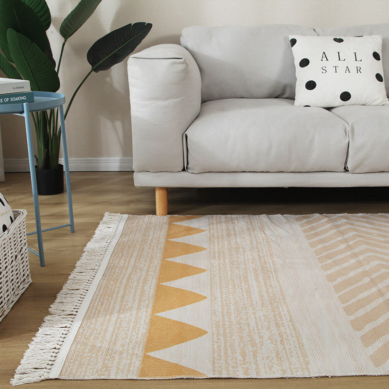 Yellow Geometric Patterned Striped Cotton Area Rug with Tassel Hand Woven Floor Carpet Rug for Living Room Bedroom
