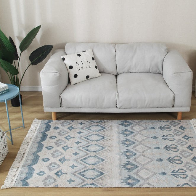 Faded Blue Colour Geometric Patterned Cotton Area Rug with Tassel Hand Woven Floor Carpet Rug for Living Room Bedroom