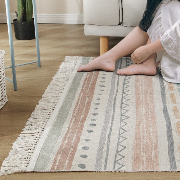 Colourful Geometric Moroccan Patterned Cotton Area Rug with Tassel Hand Woven Floor Carpet Rug for Living Room Bedroom