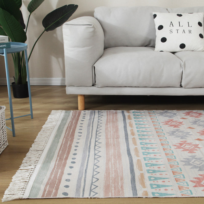 Colourful Geometric Moroccan Patterned Cotton Area Rug with Tassel Hand Woven Floor Carpet Rug for Living Room Bedroom